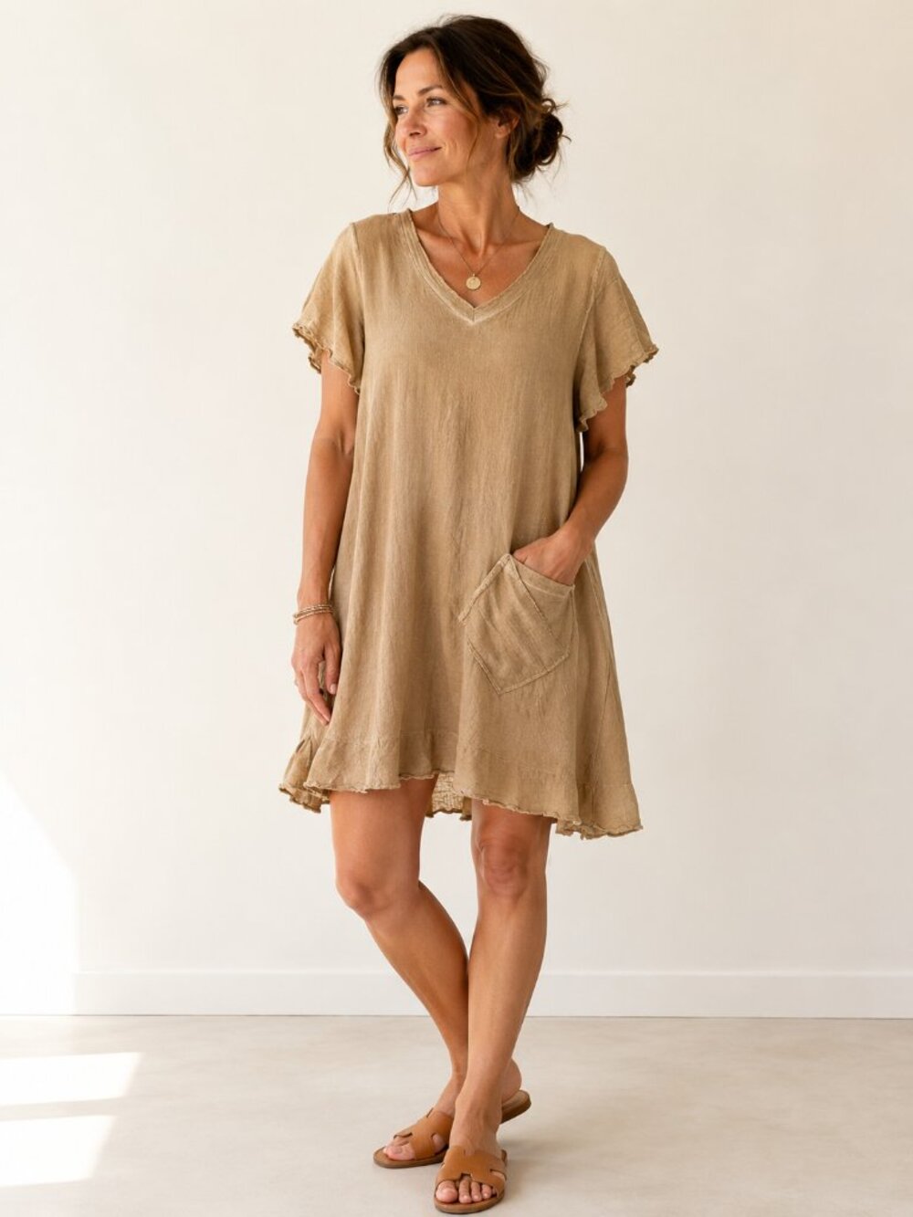 Oh My Gauze Cotton Dress Tan Lagenlook Boho Coastal Grandmother Artsy Midi Sz 2